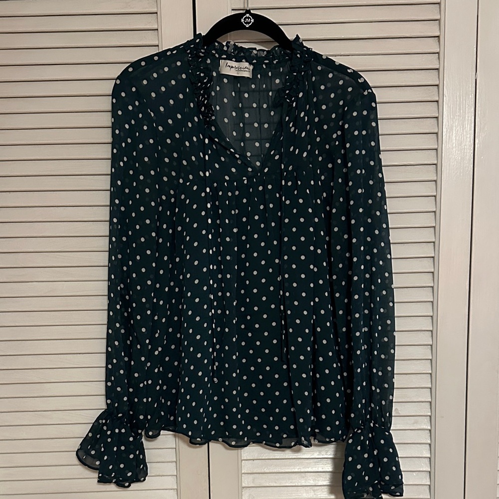 Impressions Hunter Green Blouse with White Polka Dots